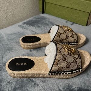 Gucci Beige Espadrille Slides with Gold Detail